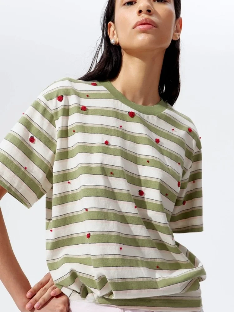 Summer New Korean Style Casual Loose Fit Skin-friendly round Neck Short Sleeve Striped T-shirt Women's Breathable Cotton Top
Summer New Korean Style Casual Loose Fit Skin-friendly round Neck Short Sleeve Striped T-shirt Women's Breathable Cotton Top