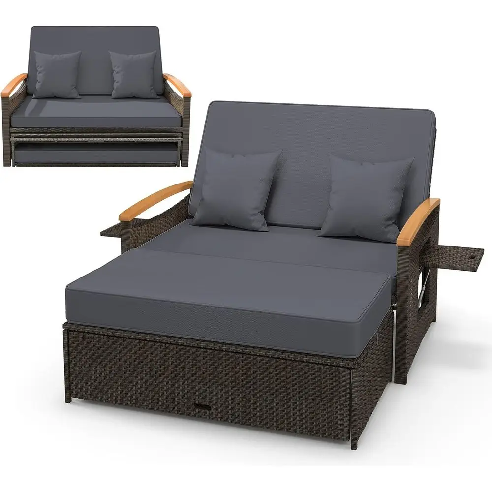 Grey Outdoor Wicker Daybed with Cushioned Loveseat, Storage Ottoman, Double Lounger, Adjustable Backrest, and Retractable Trays
Grey Outdoor Wicker Daybed with Cushioned Loveseat, Storage Ottoman, Double Lounger, Adjustable Backrest, and Retractable Trays