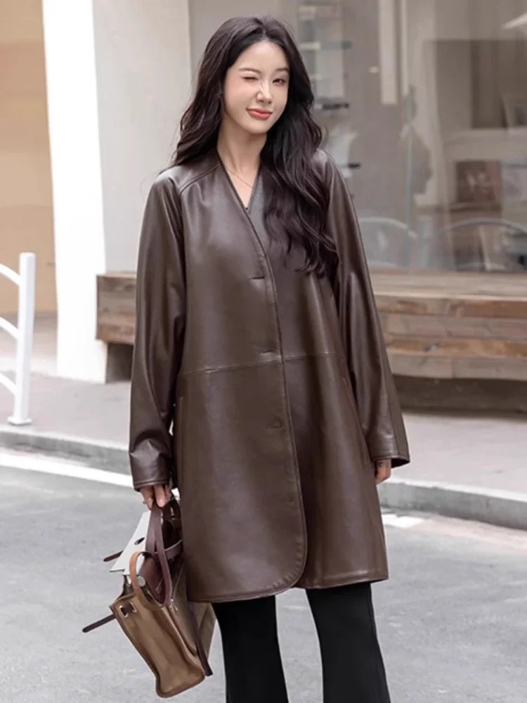 V-neck Long Genuine Leather Jackets for Women Spring Autumn High-end Simple Single Breasted Belted Real Sheepskin Trench Coat
V-neck Long Genuine Leather Jackets for Women Spring Autumn High-end Simple Single Breasted Belted Real Sheepskin Trench Coat