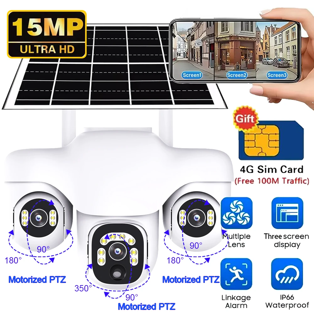 4G Solar Camera 3 in 1 PTZ Wireless Solaire Powered CCTV IP Cameras Outdoor Security Protection for Home 15MP 8K HD Night Vision
4G Solar Camera 3 in 1 PTZ Wireless Solaire Powered CCTV IP Cameras Outdoor Security Protection for Home 15MP 8K HD Night Vision