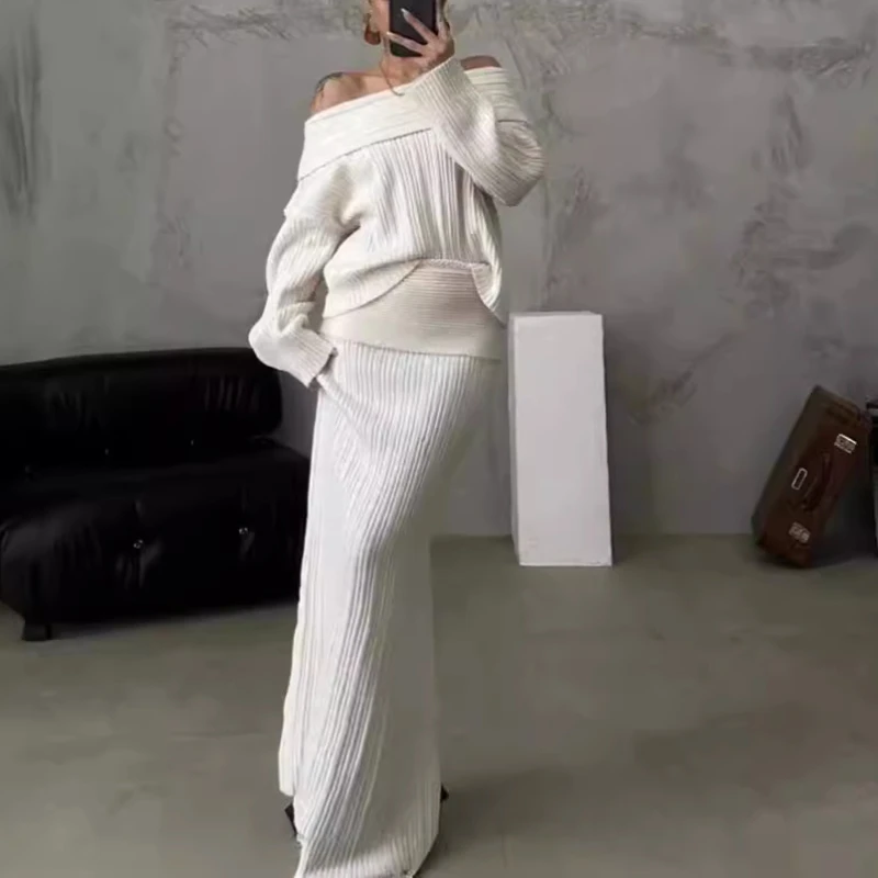 Вязаный свитер, комплект из двух предметов, женские повседневные комплекты платьев, свободные осенне-зимние комплекты с разрезом на шее, пуловер, топы Y2k, длинная юбка 
Вязаный свитер, комплект из двух предметов, женские повседневные комплекты платьев, свободные осенне-зимние комплекты с разрезом на шее, пуловер, топы Y2k, длинная юбка