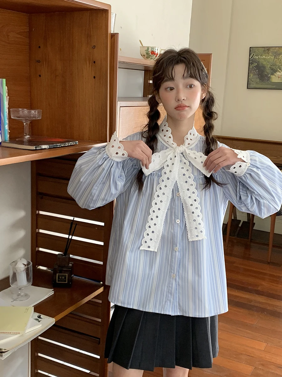 Retro Girl Knot Long Sve irt Women's Striped Top Sweet Sle Loose Fit Bubble Sve Cotton Blend Spring Summer
Retro Girl Knot Long Sve irt Women's Striped Top Sweet Sle Loose Fit Bubble Sve Cotton Blend Spring Summer