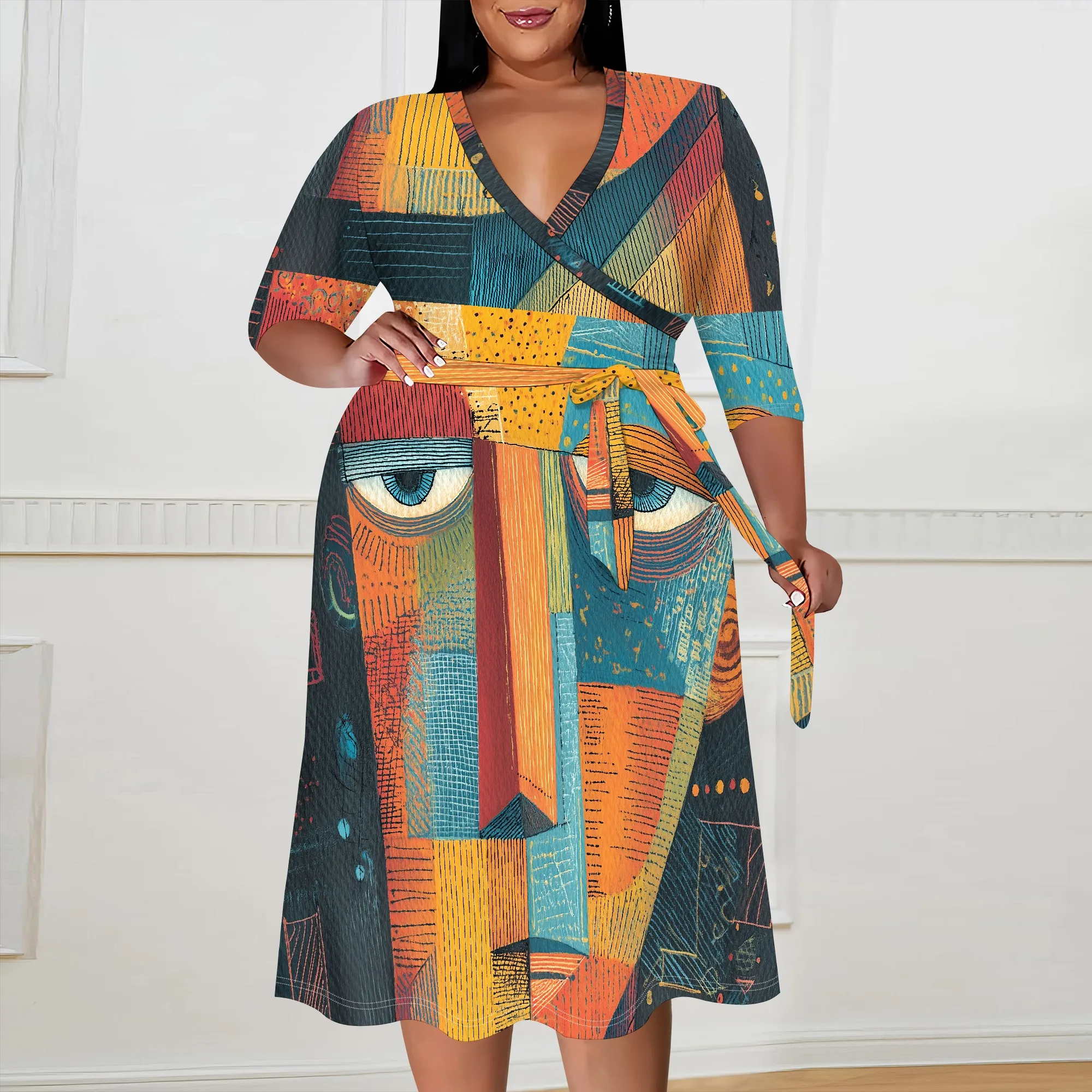Plus Size Women's V-Neck Wrap Dress 3/4 Sleeve Artistic Cubist Face Print A-Line Party Dress XL-6XL
Plus Size Women's V-Neck Wrap Dress 3/4 Sleeve Artistic Cubist Face Print A-Line Party Dress XL-6XL