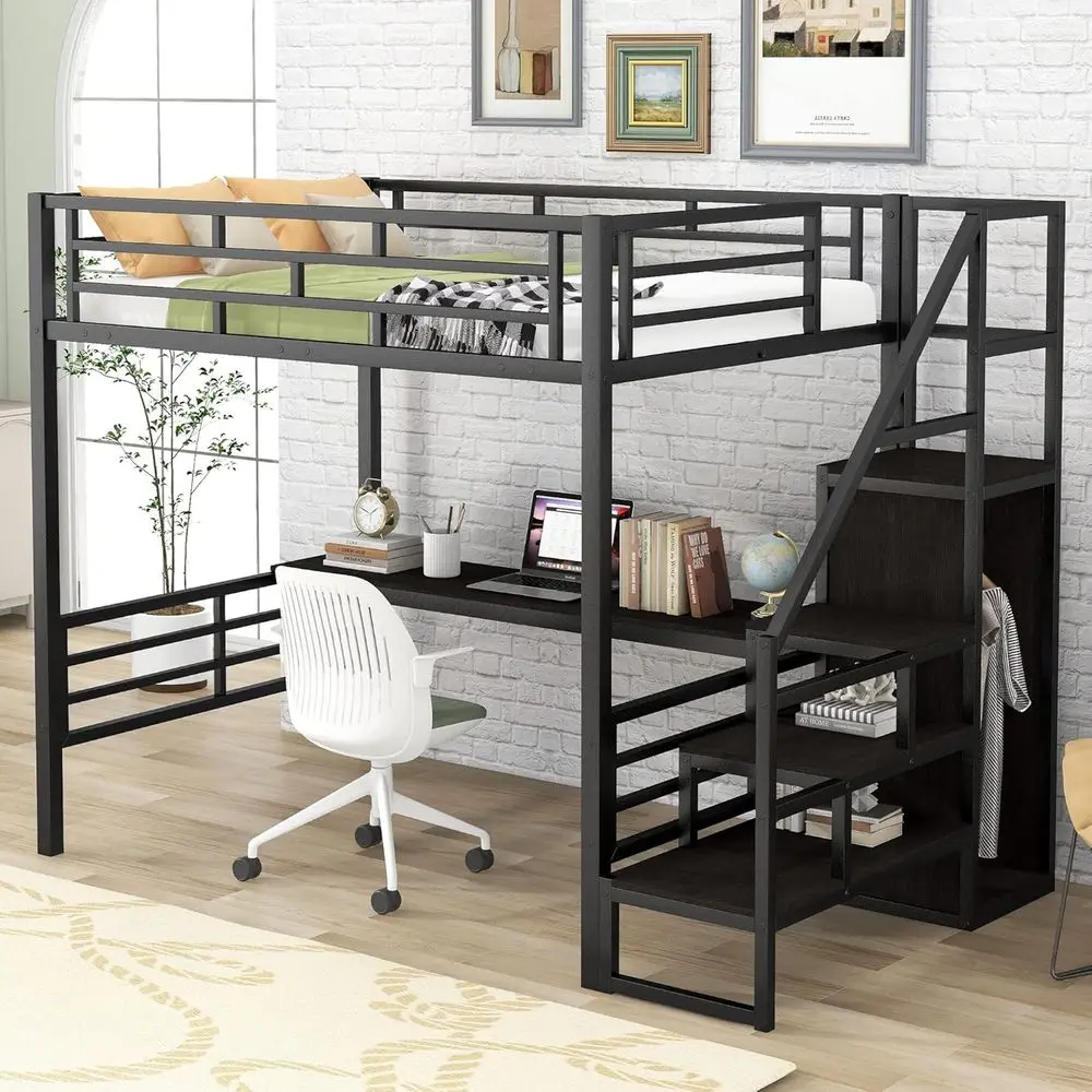 Metal Loft Bed with Storage Stairs, Small Wardrobe, Built-in Desk, Safety Rail, and Strong Slat Support for Space-Efficient Livi
Metal Loft Bed with Storage Stairs, Small Wardrobe, Built-in Desk, Safety Rail, and Strong Slat Support for Space-Efficient Livi