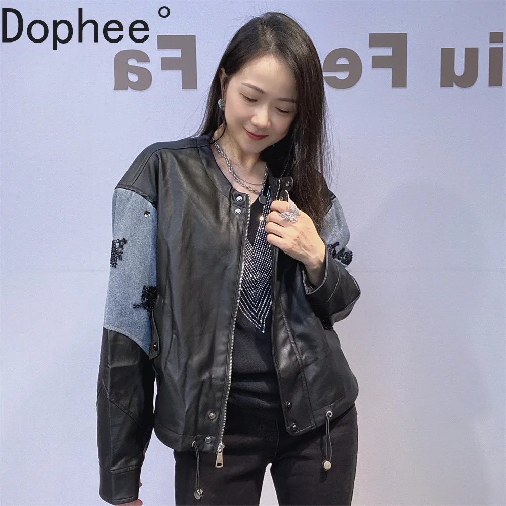 Fashion New Autumn Winter Denim Splicing Leather Jacket for Women O-neck Loose Zip Cardigans Coat Diamonds PU Leather Coats
Fashion New Autumn Winter Denim Splicing Leather Jacket for Women O-neck Loose Zip Cardigans Coat Diamonds PU Leather Coats