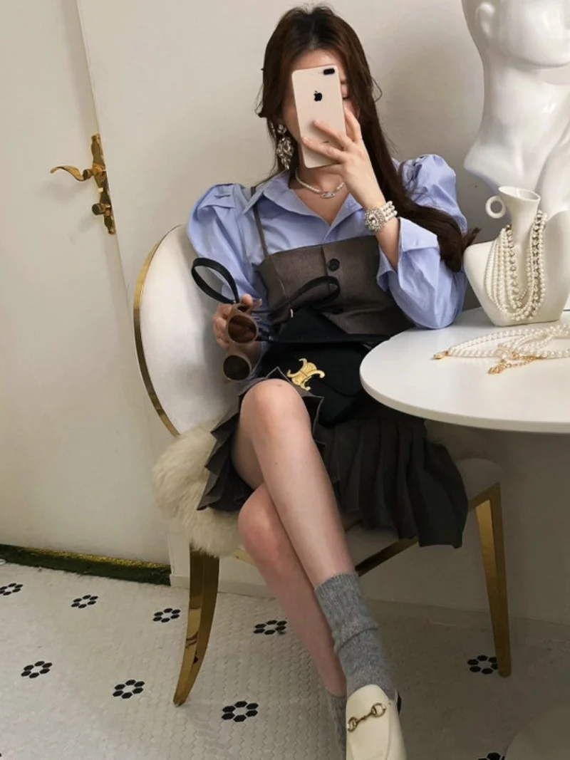 Spring New Blue Long Sve irt Single Button Turn-down Collar Pleated Skirt Faionable Women's Cotton Set 2023
Spring New Blue Long Sve irt Single Button Turn-down Collar Pleated Skirt Faionable Women's Cotton Set 2023