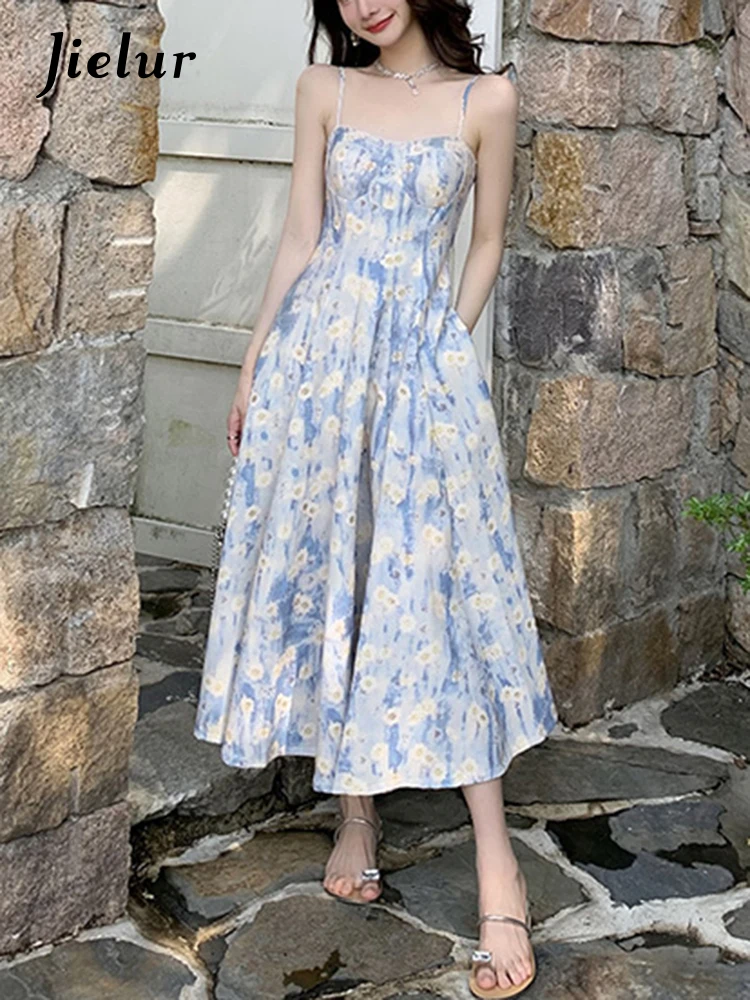 Jielur Elegant Sleeveless Blue Floral Dress Women Beach Style Korean Fashion Midi Dress Female Summer Holiday Sweet Straps Dress
Jielur Elegant Sleeveless Blue Floral Dress Women Beach Style Korean Fashion Midi Dress Female Summer Holiday Sweet Straps Dress
