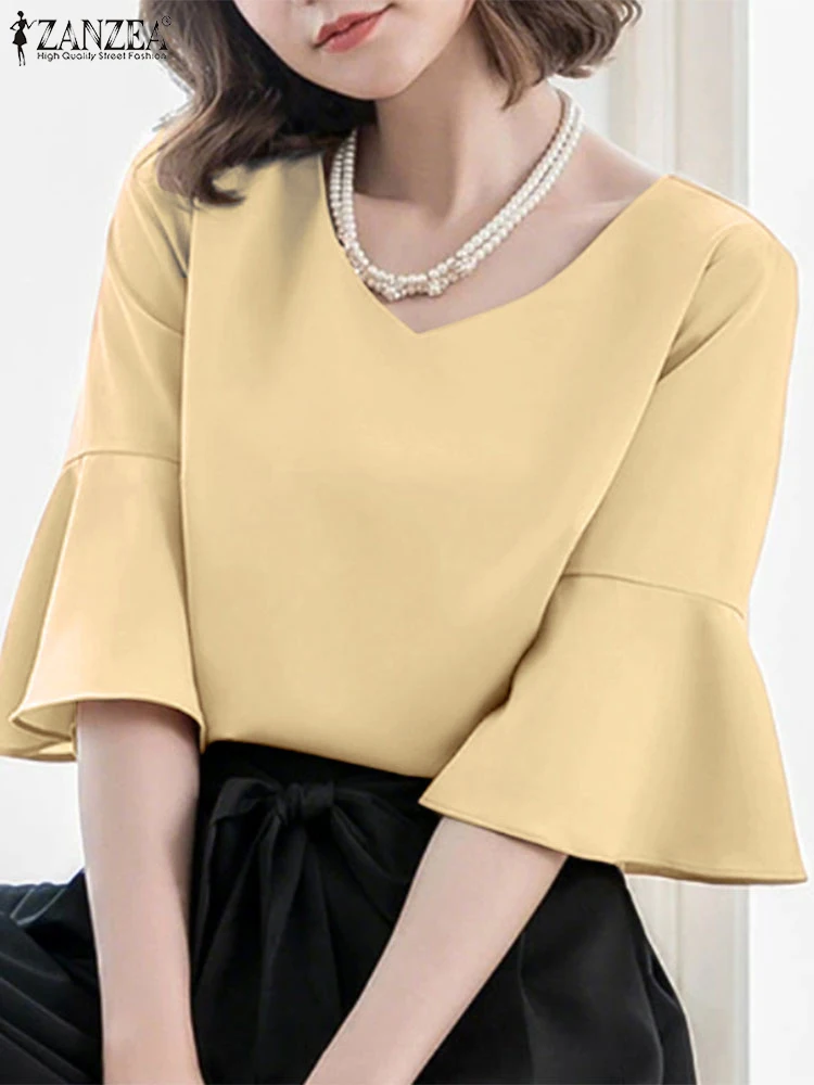 ZANZEA Elegant Women V Neck 3/4 Ruffle Sleeve Blouse Summer Office Shirt Stylish Solid Work OL Tops Tunic Casual Holiday Blusas
ZANZEA Elegant Women V Neck 3/4 Ruffle Sleeve Blouse Summer Office Shirt Stylish Solid Work OL Tops Tunic Casual Holiday Blusas