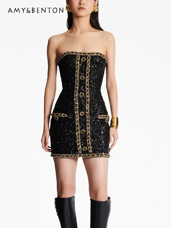 Early Spring New American Retro Fashion Heavy Embroidery Sequins Chain Slim Dresses High-Grade Elegant Off Shoulder Mini Dress
Early Spring New American Retro Fashion Heavy Embroidery Sequins Chain Slim Dresses High-Grade Elegant Off Shoulder Mini Dress
