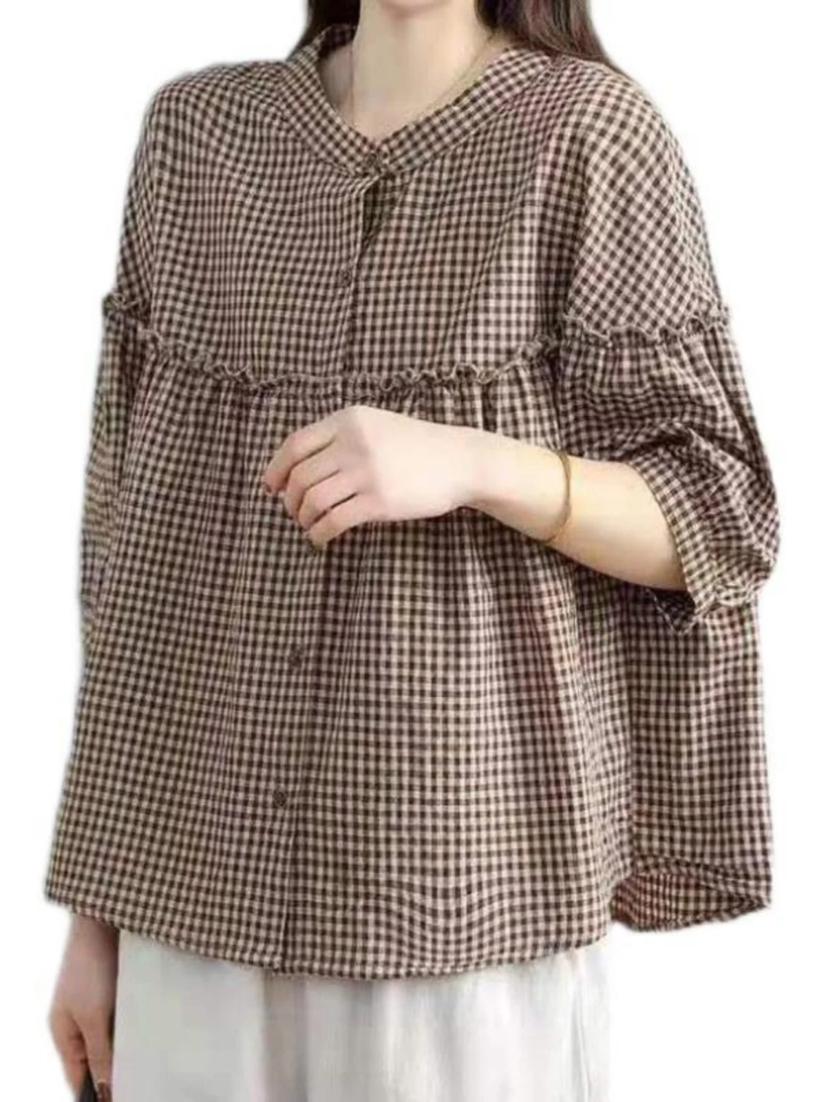 Ele Summer irt for Middle-Aged Mothers Cotton Linen Plaid Doll Svel Top Ladylike Commute Sle round Ne Button ...
Ele Summer irt for Middle-Aged Mothers Cotton Linen Plaid Doll Svel Top Ladylike Commute Sle round Ne Button ...