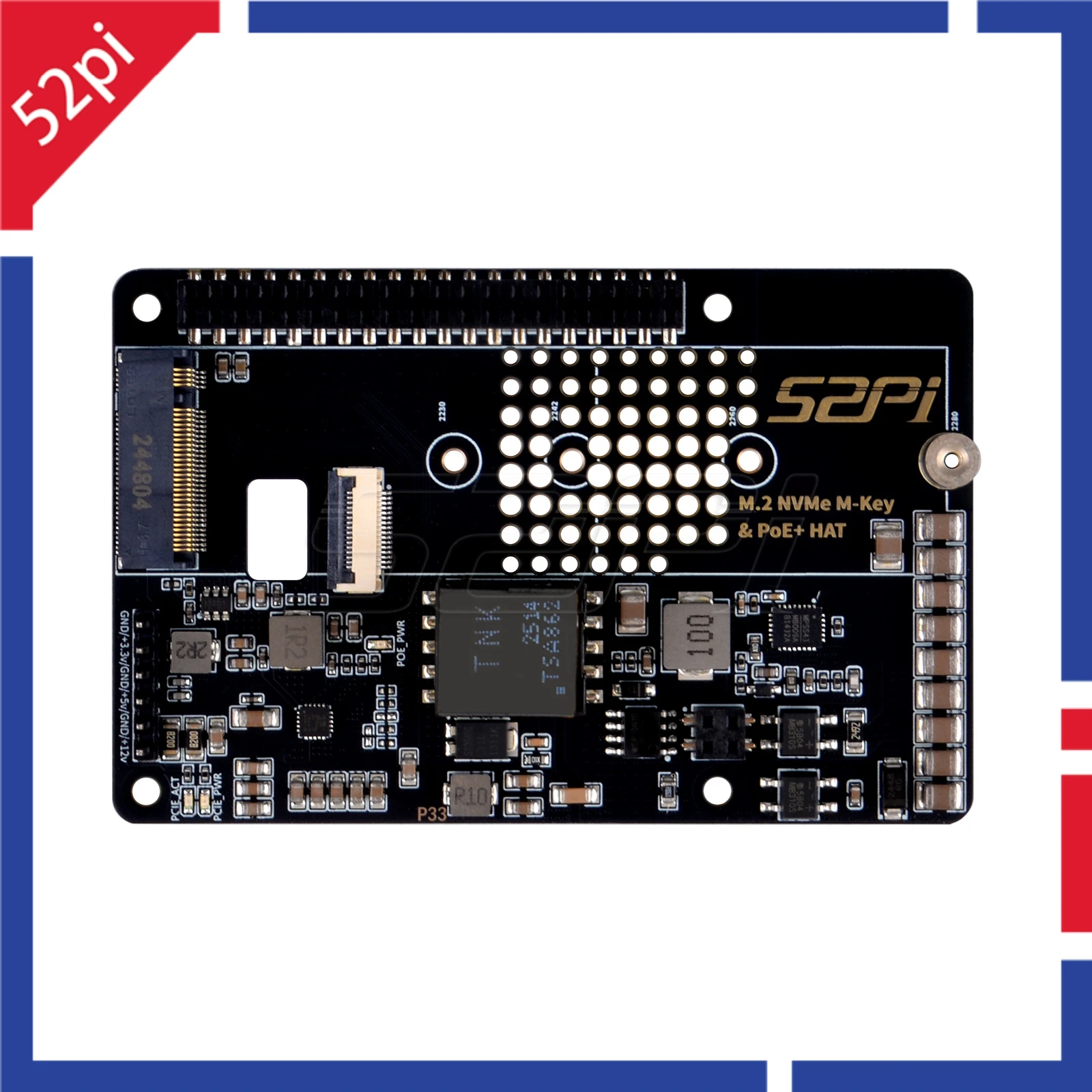 52Pi M.2 NVME M-key & PoE+ Hat & Active Cooler Kit For Raspberry Pi 5 Support SSD: 2230/2242/2260/2280
52Pi M.2 NVME M-key & PoE+ Hat & Active Cooler Kit For Raspberry Pi 5 Support SSD: 2230/2242/2260/2280