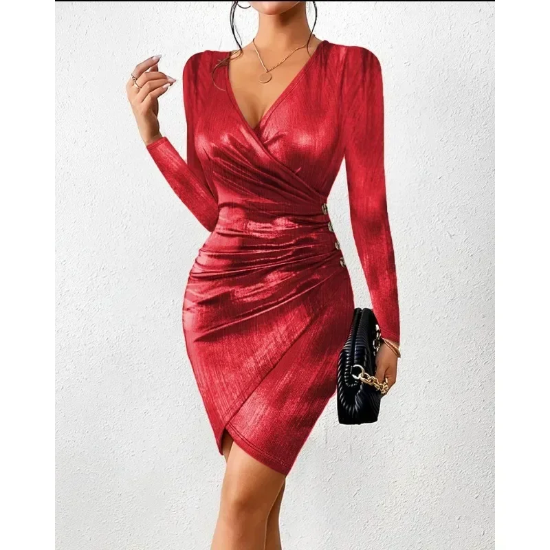 S-2XL Size Women's Long Sleeved Dress Fashionable V-neck Split Solid Color Dress Sexy Wrapped Hip Tie Waist Party Dress
S-2XL Size Women's Long Sleeved Dress Fashionable V-neck Split Solid Color Dress Sexy Wrapped Hip Tie Waist Party Dress