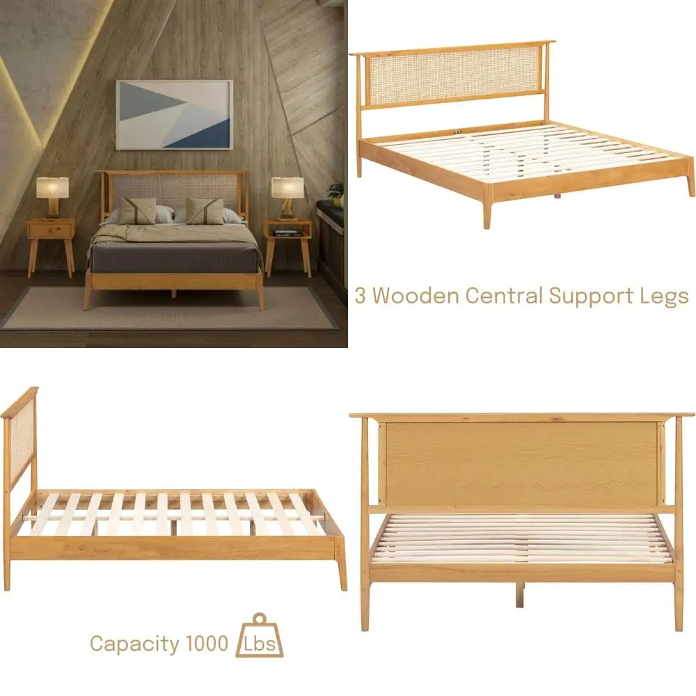 Natural Rattan and Solid Oak Ruby Wooden Bed Frame with Headboard, featuring Silent Slats and Supporting up to 1000 lbs
Natural Rattan and Solid Oak Ruby Wooden Bed Frame with Headboard, featuring Silent Slats and Supporting up to 1000 lbs