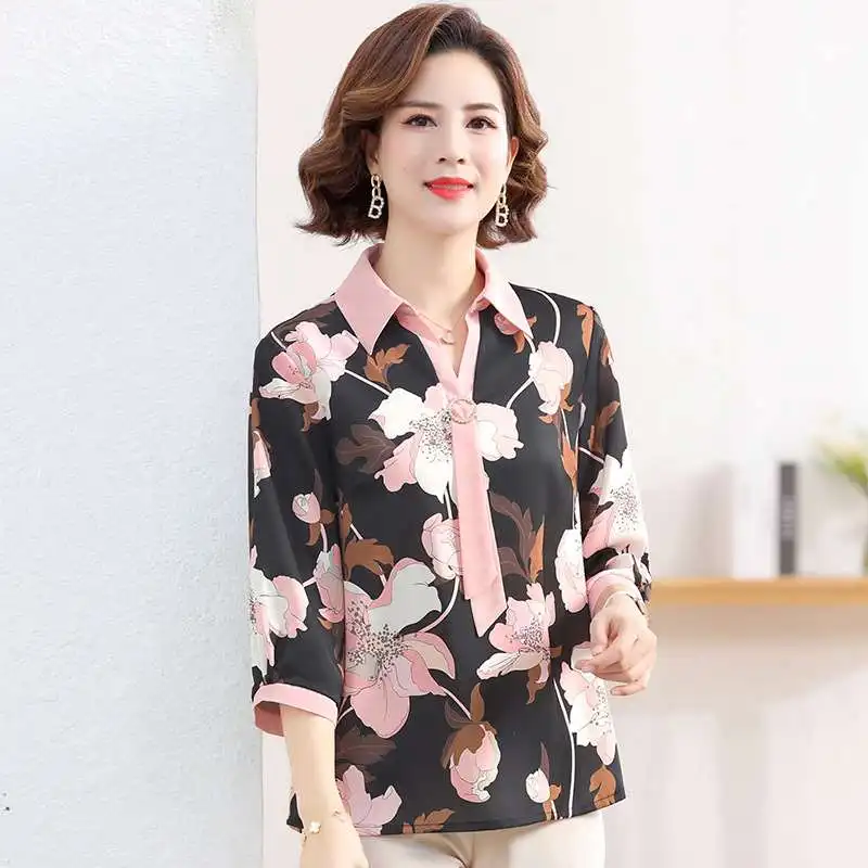 Casual Sle Floral Print Pullover irt Women's Summer Middle-aged Lapel Top Polyester Fiber Nine-point Sve Long pe
Casual Sle Floral Print Pullover irt Women's Summer Middle-aged Lapel Top Polyester Fiber Nine-point Sve Long pe