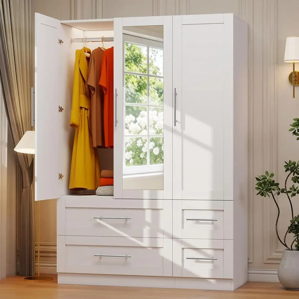 4-Drawer Wooden Wardrobe with Mirror, White Closet Cabinet, Hanging Rod & Shelves, 71 Tall
4-Drawer Wooden Wardrobe with Mirror, White Closet Cabinet, Hanging Rod & Shelves, 71 Tall