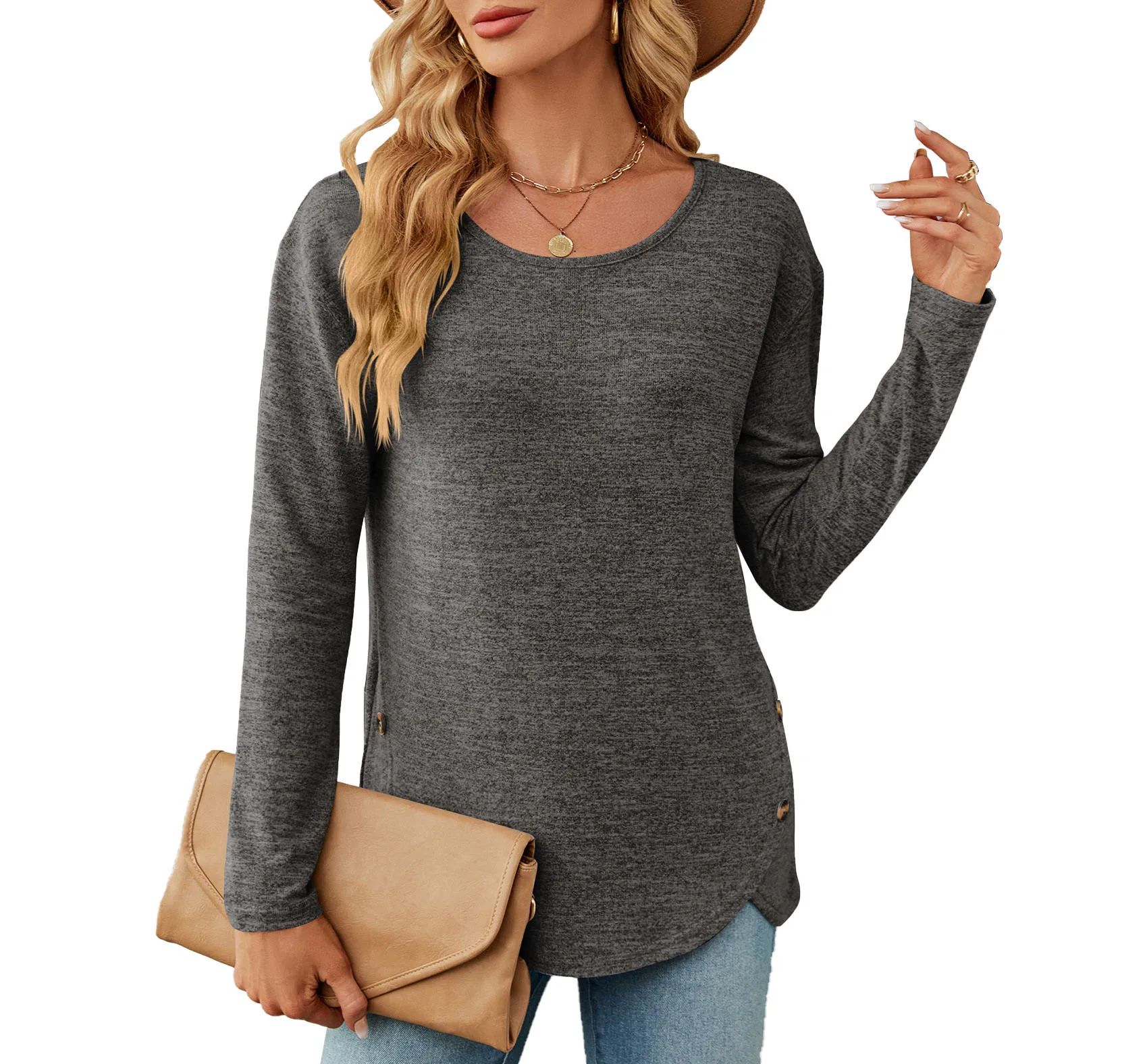 Autumn and Winter New Fashion Casual Solid Color Loose Round Neck Long Sleeve Open Button T-shirt Female
Autumn and Winter New Fashion Casual Solid Color Loose Round Neck Long Sleeve Open Button T-shirt Female