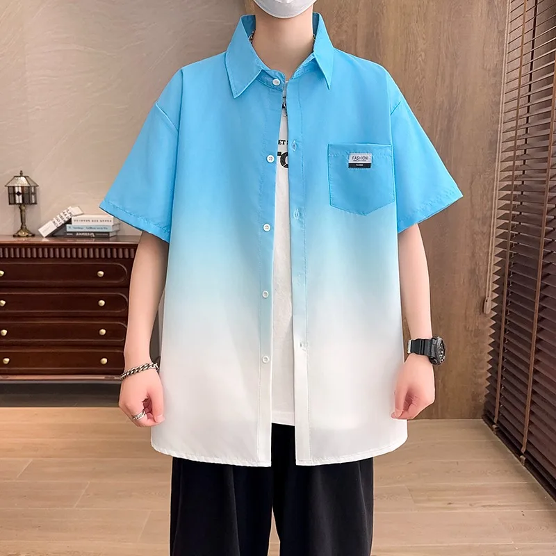Short sleeved shirt for men, summer gradient loose shirt, retro casual trend, solid color, color blocked half sleeve
Short sleeved shirt for men, summer gradient loose shirt, retro casual trend, solid color, color blocked half sleeve