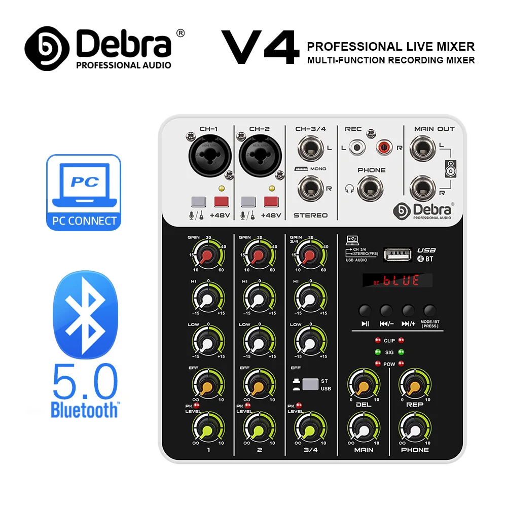 Микшерный пульт Debra V4 DJ, 4-канальный аудиомикшер, портативный, с фантомным питанием 48В, USB и звуковой картой для записи и пения на ПК
Микшерный пульт Debra V4 DJ, 4-канальный аудиомикшер, портативный, с фантомным питанием 48В, USB и звуковой картой для записи и пения на ПК