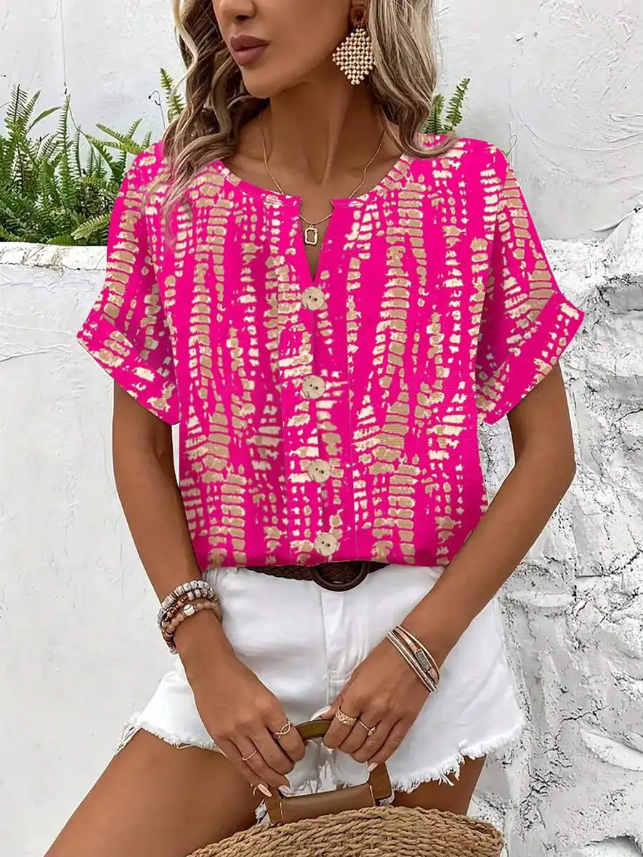 V-Neck Short Sleeve Button-Front Woven Blouse With Pink And Gold Abstract Print, Casual Summer Vacation Top For Women
V-Neck Short Sleeve Button-Front Woven Blouse With Pink And Gold Abstract Print, Casual Summer Vacation Top For Women
