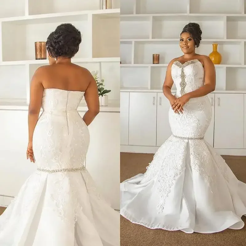 Customized White Full Plus Size Crystal Mermaid Vestidos De Noiva Wedding Dresses Sweetheart Lace Appliques Satin Africal Bridal
Customized White Full Plus Size Crystal Mermaid Vestidos De Noiva Wedding Dresses Sweetheart Lace Appliques Satin Africal Bridal