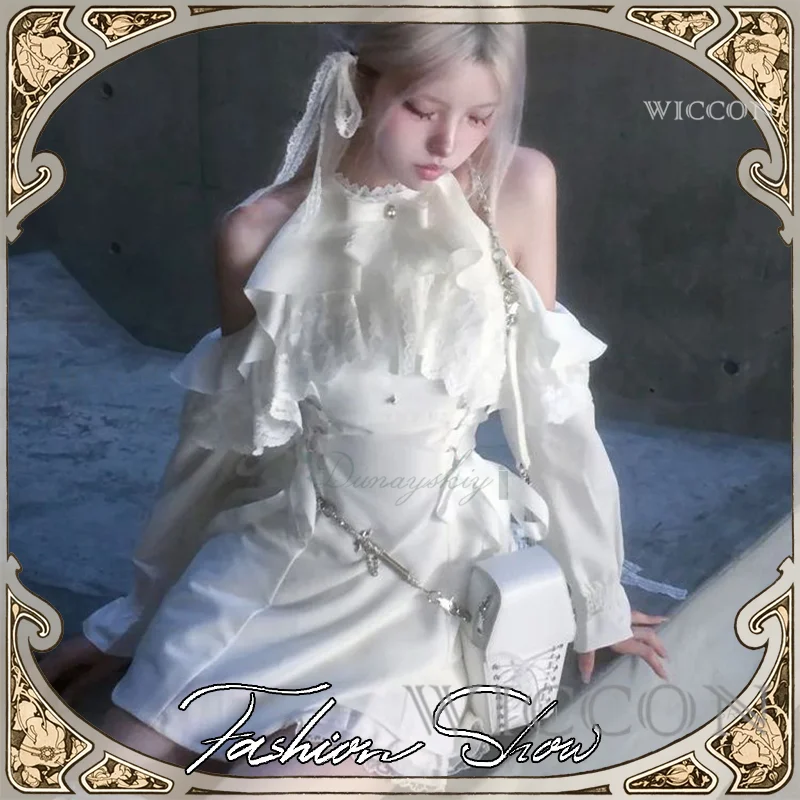 Новинка 2023 года, осенняя женская модная одежда в стиле Харадзюку, белое кружевное дизайнерское платье с открытыми плечами и высокой талией, элегантный женский костюм для девочек 
Новинка 2023 года, осенняя женская модная одежда в стиле Харадзюку, белое кружевное дизайнерское платье с открытыми плечами и высокой талией, элегантный женский костюм для девочек