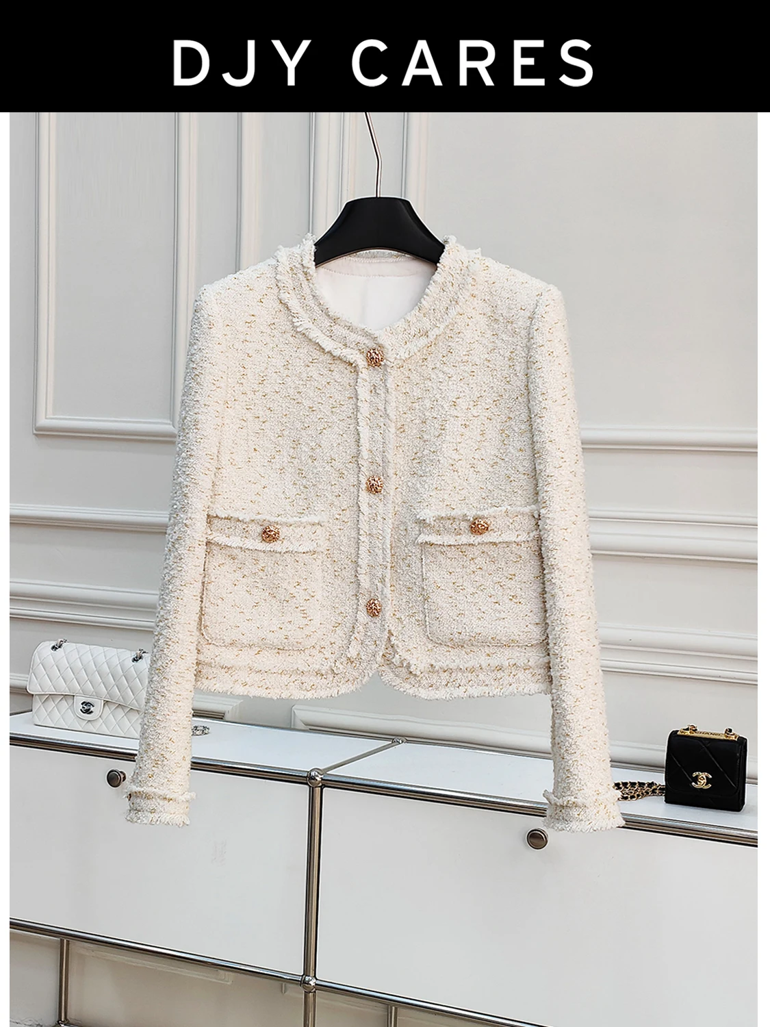 New cream white Coarse woolen light luxury style jacket, fashionable and versatile top big size
New cream white Coarse woolen light luxury style jacket, fashionable and versatile top big size