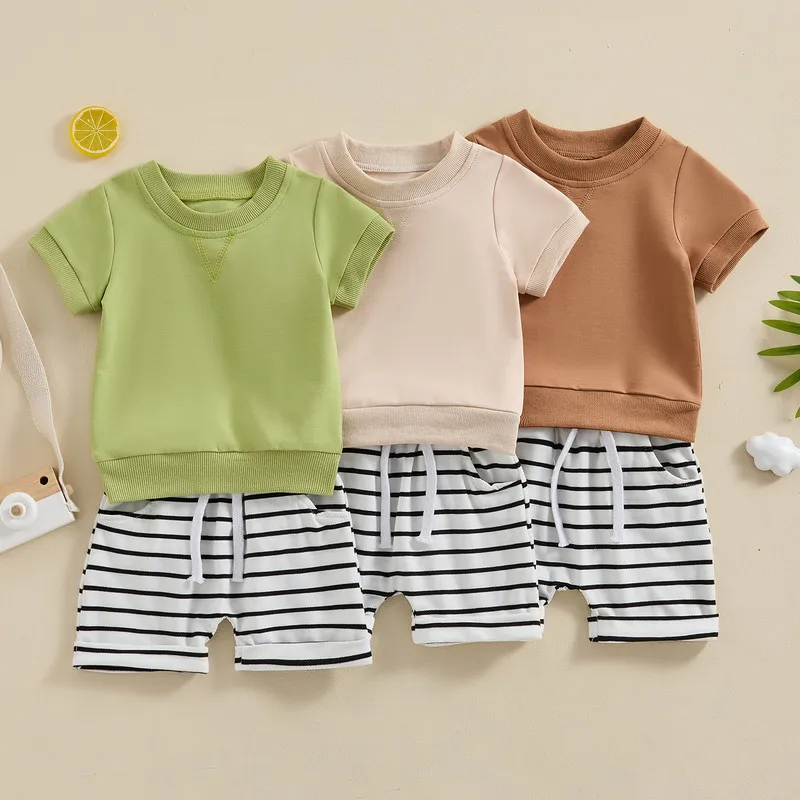 Baby Boys Shorts Set, Short Sleeve Crew Neck T-shirt with Striped Shorts Summer Outfit
Baby Boys Shorts Set, Short Sleeve Crew Neck T-shirt with Striped Shorts Summer Outfit