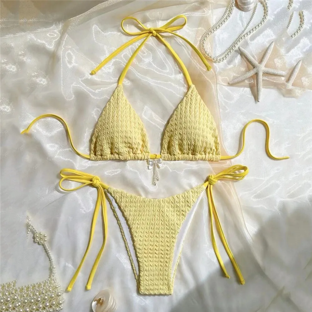 Yellow Halter String Triangle Micro Bikini Thong Solid Swimwears Bow Pearl Sexy Swimsuit Women Bathing Suit Bikinis Sets 2026
Yellow Halter String Triangle Micro Bikini Thong Solid Swimwears Bow Pearl Sexy Swimsuit Women Bathing Suit Bikinis Sets 2026