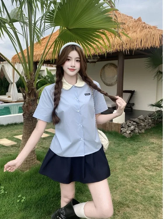 plus Size Women's Blue Doll Face Short Sleeve Shirt And A-Line Skirt Set Summer New Style Korean Version Commute Fashion
plus Size Women's Blue Doll Face Short Sleeve Shirt And A-Line Skirt Set Summer New Style Korean Version Commute Fashion