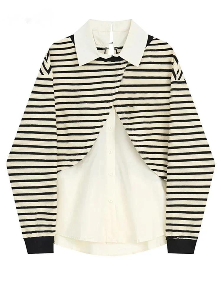 Women Striped Fake Two Pieces Big Size Blouse New Lapel Long Sleeve Loose Fit Shirt Fashion Spring Autumn X681
Women Striped Fake Two Pieces Big Size Blouse New Lapel Long Sleeve Loose Fit Shirt Fashion Spring Autumn X681