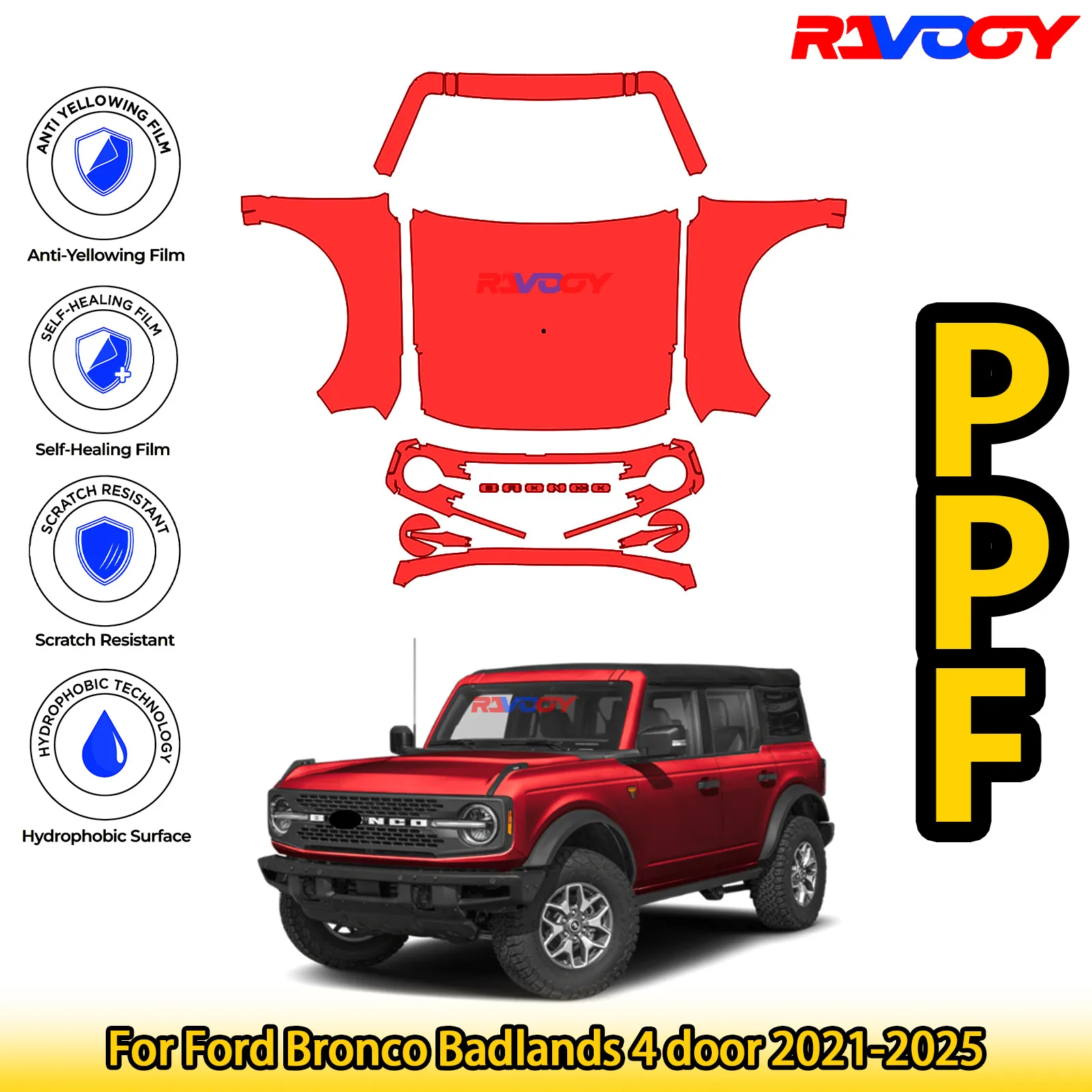 For Ford Bronco Badlands 4 door 2021-2025 Glossy Matte Black Precut front PPF Kit Paint Protection Film
For Ford Bronco Badlands 4 door 2021-2025 Glossy Matte Black Precut front PPF Kit Paint Protection Film