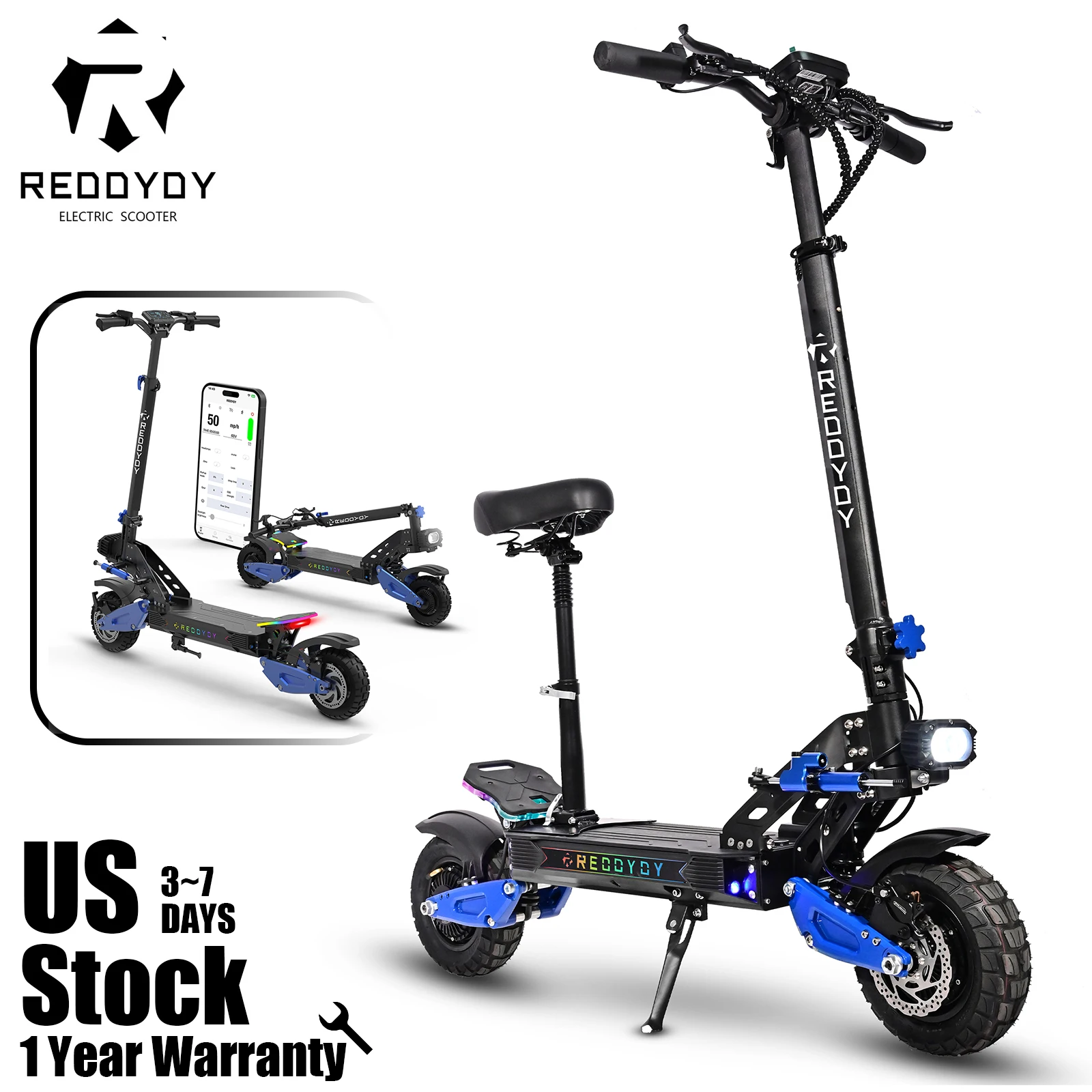 REDDYDY Offroad Electric Scooter with Smart APP 50MPH Max Speed 55Miles Long Range 5000W Peak Dual Motors 60V25Ah Battery Smart Riding 3 Modes NFC Unlocking Dual Hydraulic Disc Brakes Full Suspension 10.5" Tires for Commuting Outdoor RD2/RD2 PRO US Stock
REDDYDY Offroad Electric Scooter with Smart APP 50MPH Max Speed 55Miles Long Range 5000W Peak Dual Motors 60V25Ah Battery Smart Riding 3 Modes NFC Unlocking Dual Hydraulic Disc Brakes Full Suspension 10.5" Tires for Commuting Outdoor RD2/RD2 PRO US Stock