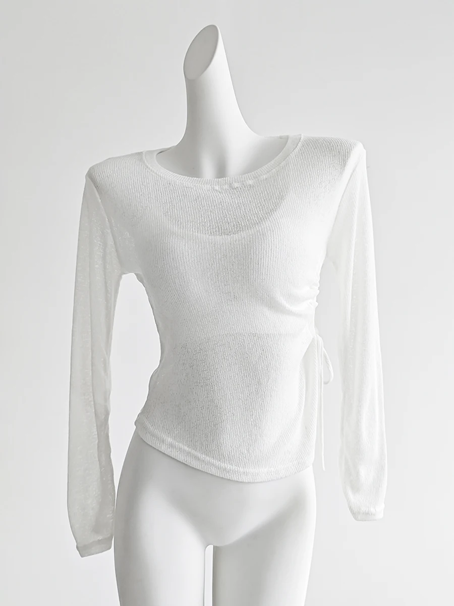 Тонкая футболка из ледяного шелка для девочек, женская летняя одежда, утягивающая верхняя одежда с полыми шнурками, топ с длинными рукавами для женщин
Тонкая футболка из ледяного шелка для девочек, женская летняя одежда, утягивающая верхняя одежда с полыми шнурками, топ с длинными рукавами для женщин