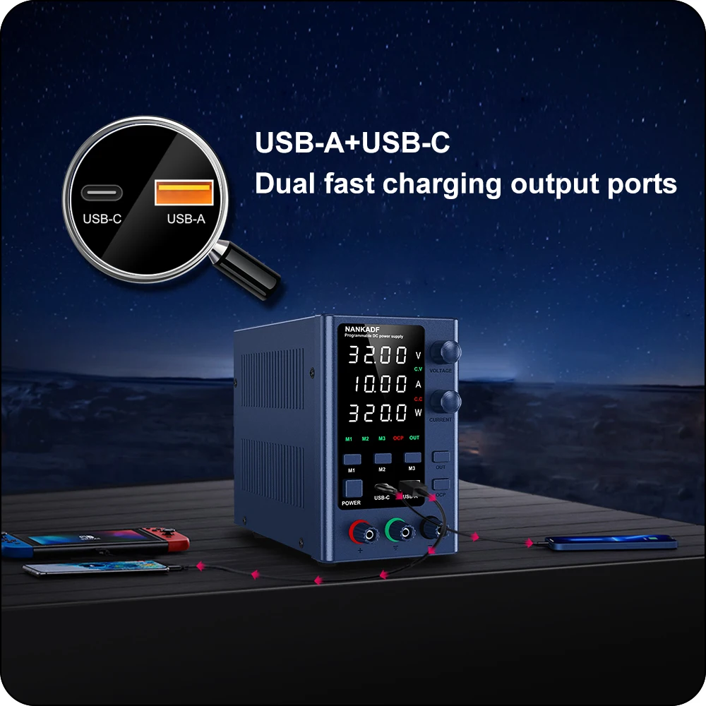 32V 5A 10A Adjustable Lab Power USB/type-C Dual Interface Quick Charge Function M1 M2 M3 Three Groups Storage, Preset Current
32V 5A 10A Adjustable Lab Power USB/type-C Dual Interface Quick Charge Function M1 M2 M3 Three Groups Storage, Preset Current
