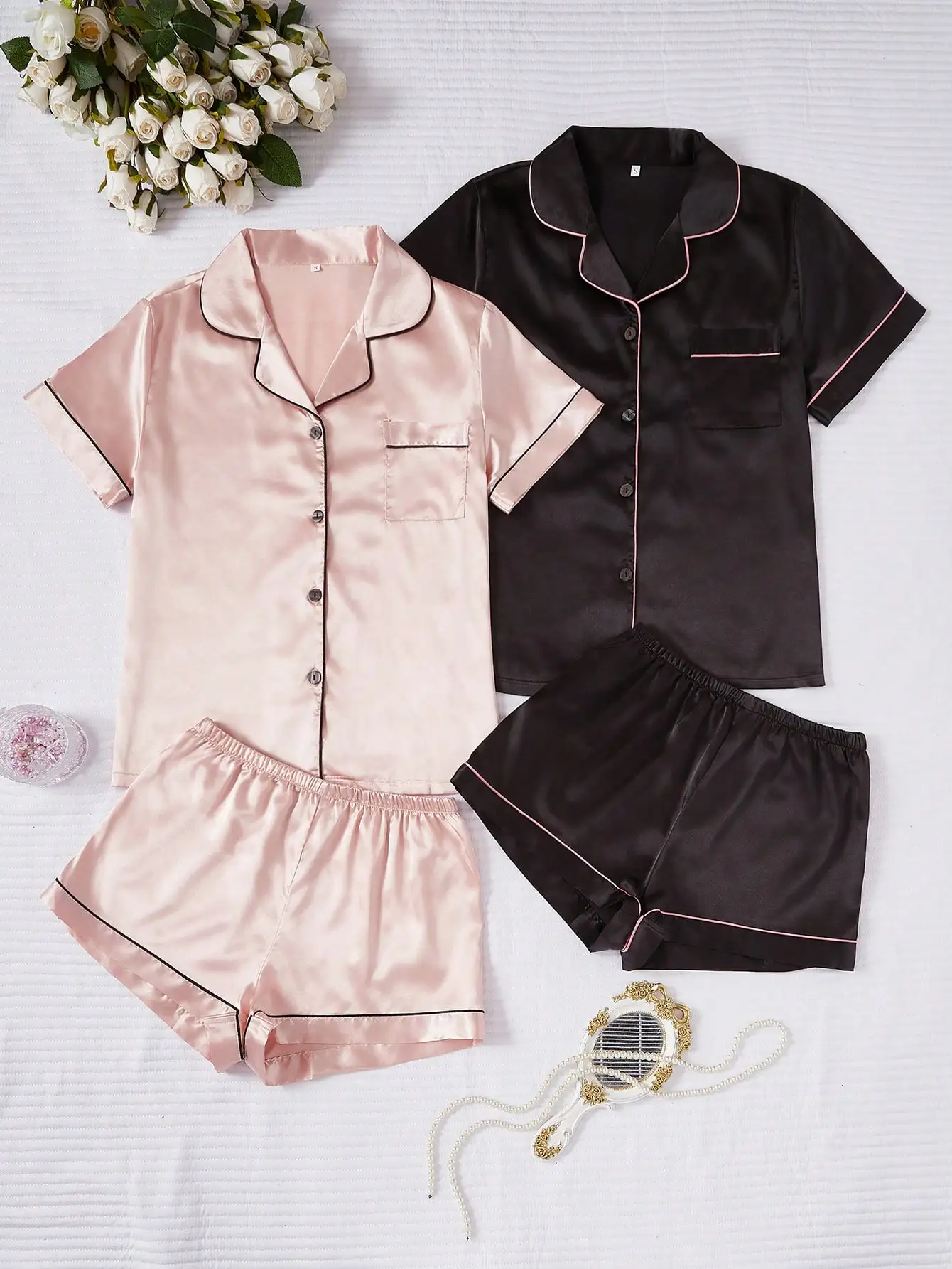 4-Piece Faux Silk Pajama Set with Lapel Collar and Contrast Trim
4-Piece Faux Silk Pajama Set with Lapel Collar and Contrast Trim