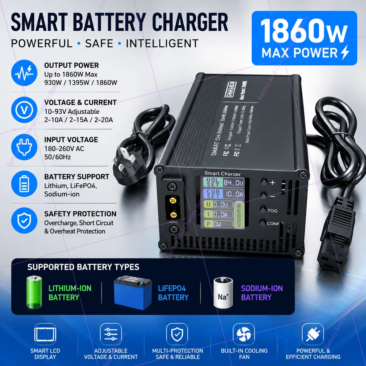 1395W High Power Smart Charger SMALL DEN SD-1395E 10-93V 2-15A Adjustable Voltage Current Lead Acid Lithium Battery Charger
1395W High Power Smart Charger SMALL DEN SD-1395E 10-93V 2-15A Adjustable Voltage Current Lead Acid Lithium Battery Charger
