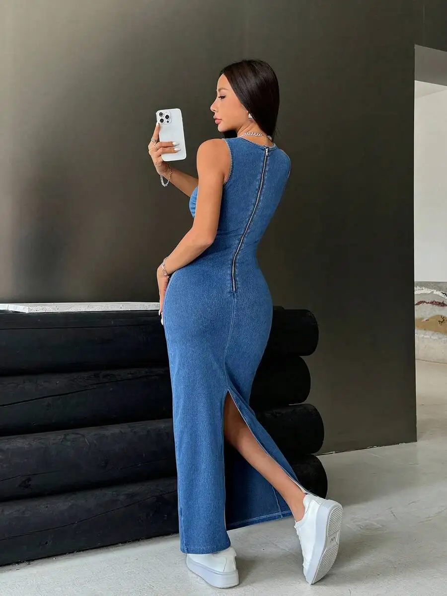 Blue Sleeveless Stretch Denim Maxi Dress With Back Zip And Side Slit
Blue Sleeveless Stretch Denim Maxi Dress With Back Zip And Side Slit
