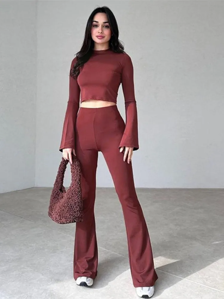 Sexy Long-sleeved O-neck Crop Top + Bell-bottom Pants 2-piece Set Women Elegant Spring Solid Color Slim Fit Sports Suit Female
Sexy Long-sleeved O-neck Crop Top + Bell-bottom Pants 2-piece Set Women Elegant Spring Solid Color Slim Fit Sports Suit Female