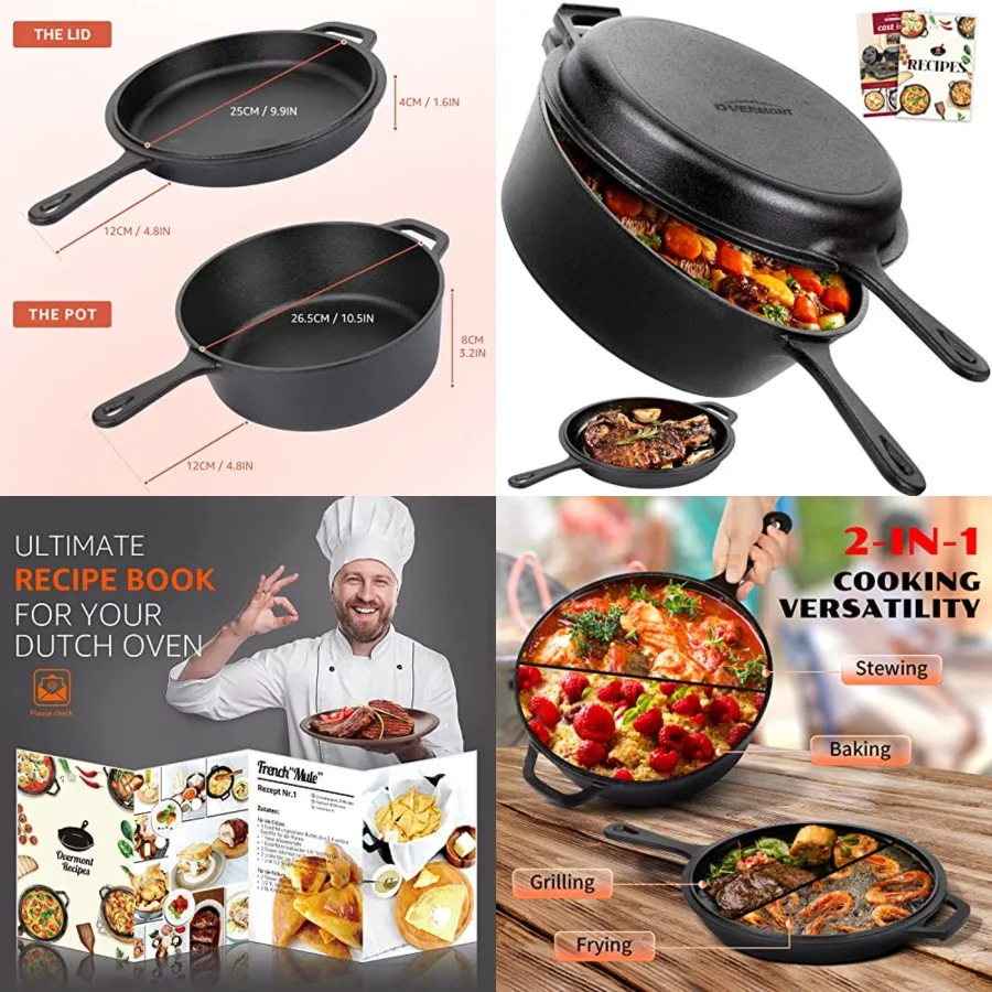 Cast Iron Skillet with Lid - 2-in-1 Cast Iron Dutch Oven - 3.2QT Deep Pot with Frying Pan - Pre-seasoned Cookware Multi Cooker
Cast Iron Skillet with Lid - 2-in-1 Cast Iron Dutch Oven - 3.2QT Deep Pot with Frying Pan - Pre-seasoned Cookware Multi Cooker