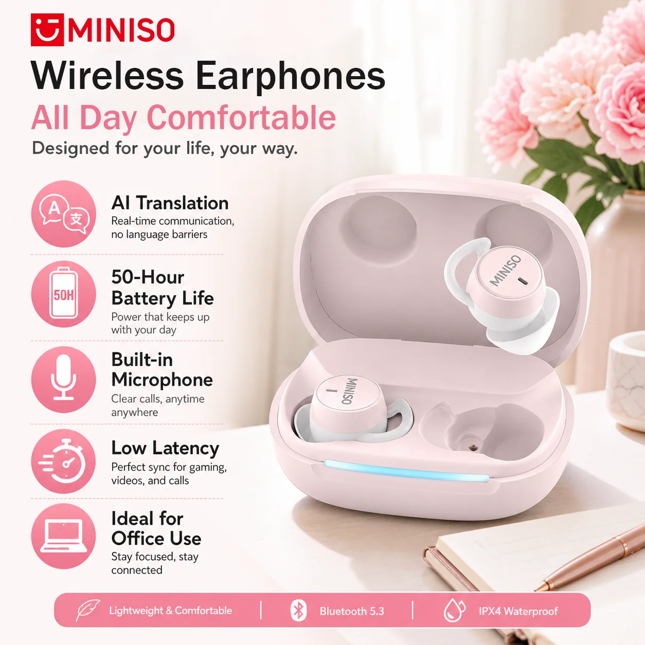 MINISO MS217 Wireless Earbuds: Smart AI 150+ Languages Translator, 50H Battery, Low Latency, Comfort Fit for Office Sleep
MINISO MS217 Wireless Earbuds: Smart AI 150+ Languages Translator, 50H Battery, Low Latency, Comfort Fit for Office Sleep