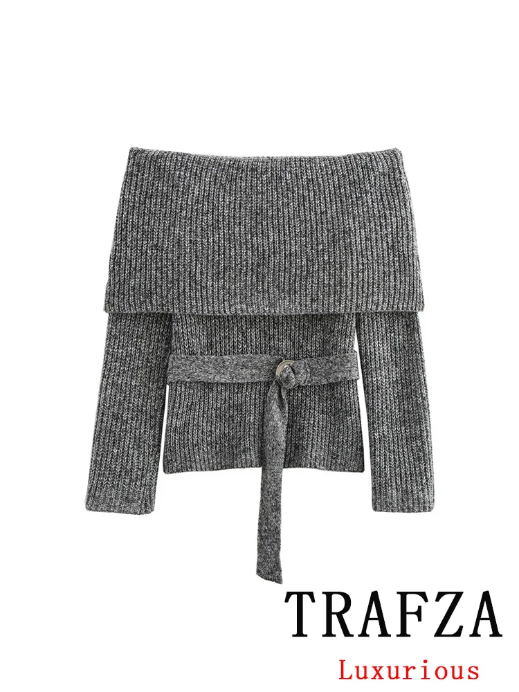 TRAFZA Vintage Casual Women Sweater Gray Solid Slash Neck Belt Long Sleeve Knitted Sweater Fashion 2024 Autumn Winter Sweaters
TRAFZA Vintage Casual Women Sweater Gray Solid Slash Neck Belt Long Sleeve Knitted Sweater Fashion 2024 Autumn Winter Sweaters