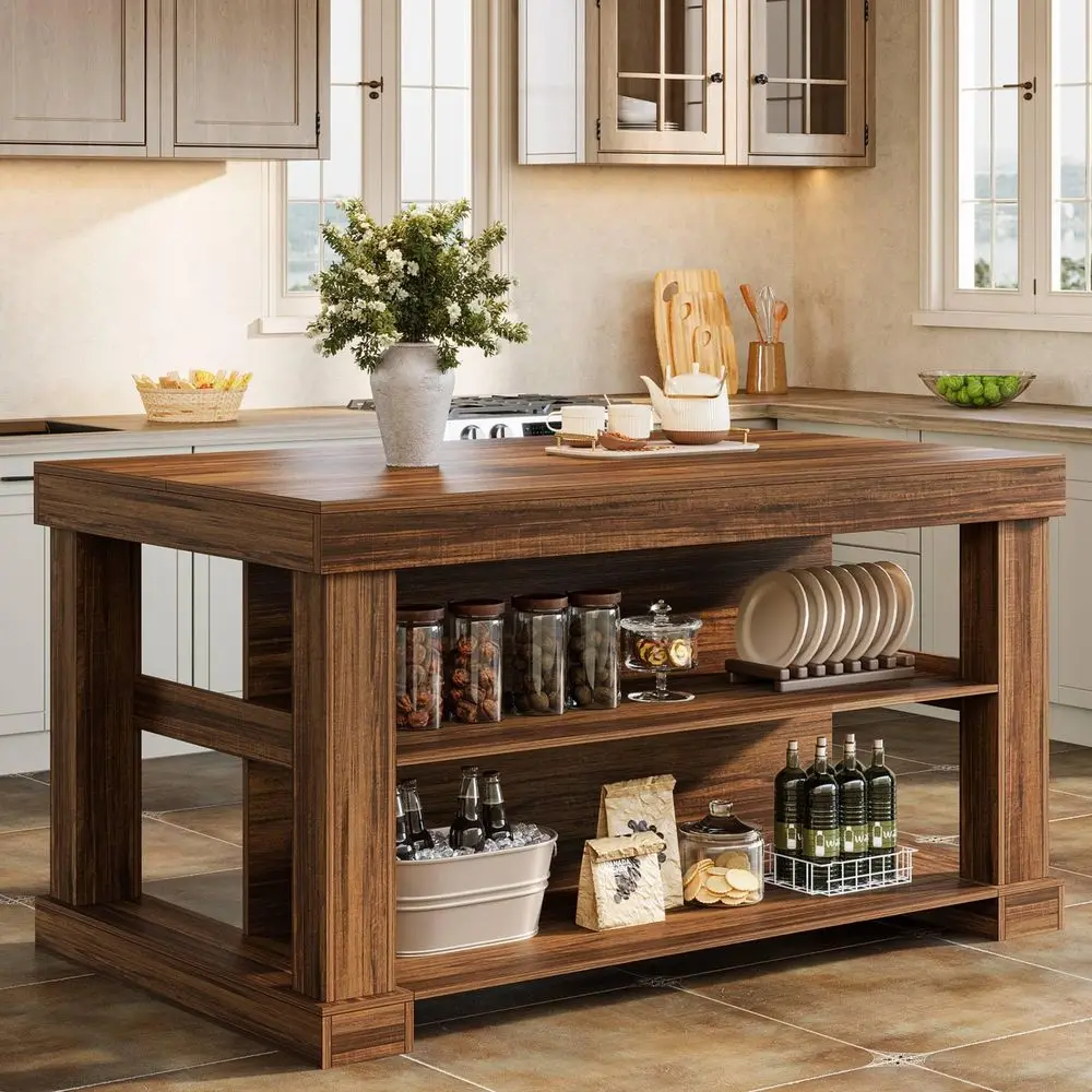55 Kitchen Island with Seating and Storage, 3Tier Farmhouse Wood Stationary Island Table with Large Worktop amp Leg Room, Coffe
55 Kitchen Island with Seating and Storage, 3Tier Farmhouse Wood Stationary Island Table with Large Worktop amp Leg Room, Coffe