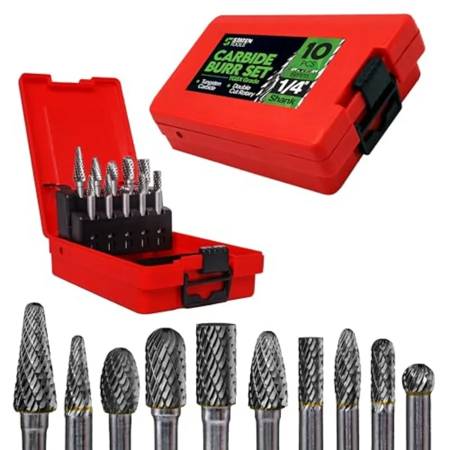 Carbide Burr Set 1/4" Shank 10 Pcs Double Cut Die Grinder Bits for Milling Carving Engraving Deburring Drilling Hard Wood and M
Carbide Burr Set 1/4" Shank 10 Pcs Double Cut Die Grinder Bits for Milling Carving Engraving Deburring Drilling Hard Wood and M
