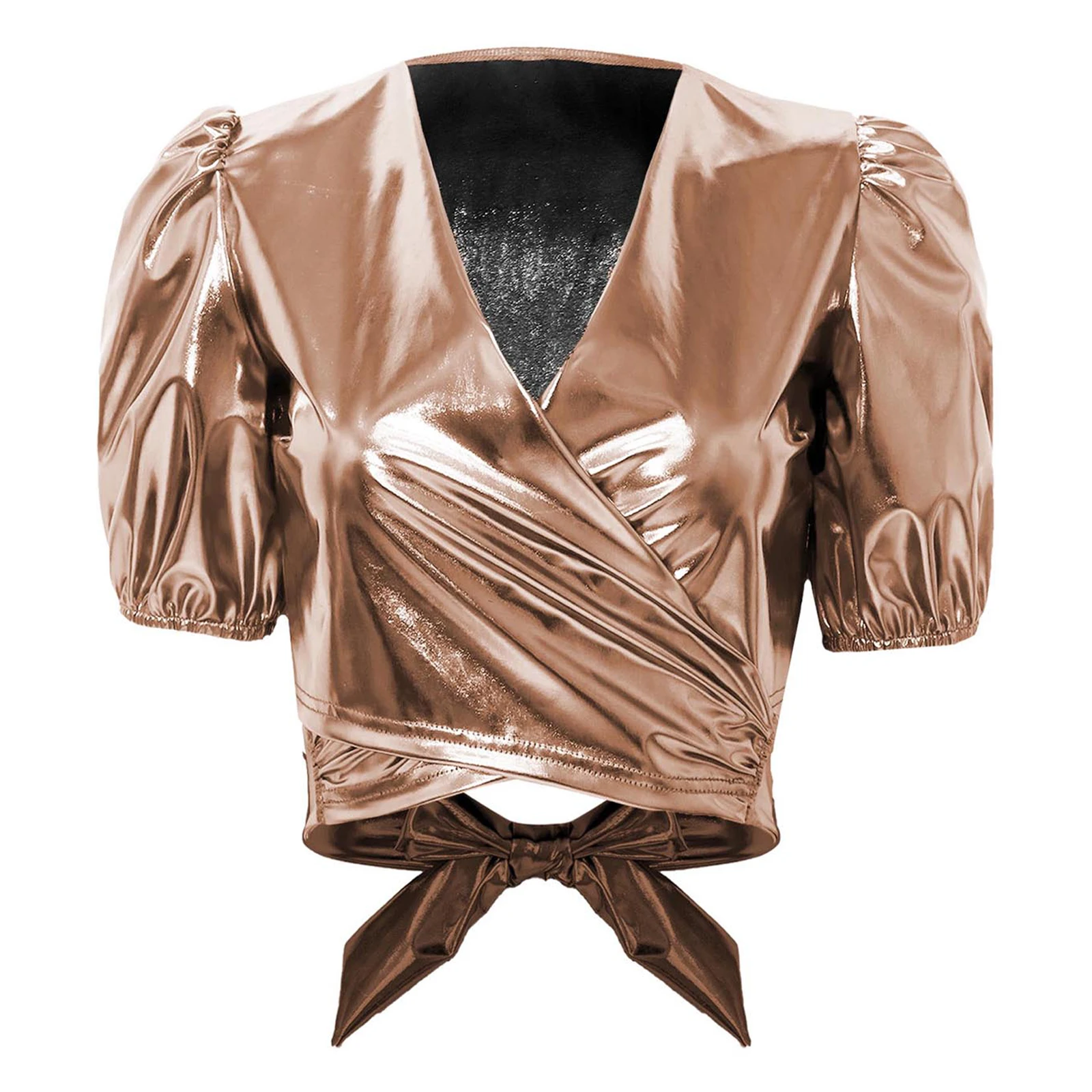 Women Fashion Metallic Puff Short Sleeve Tee Shirts Wrap V Neck Tying Bottom Crop Top Y2k Shirt Top for Music Festival Party
Women Fashion Metallic Puff Short Sleeve Tee Shirts Wrap V Neck Tying Bottom Crop Top Y2k Shirt Top for Music Festival Party