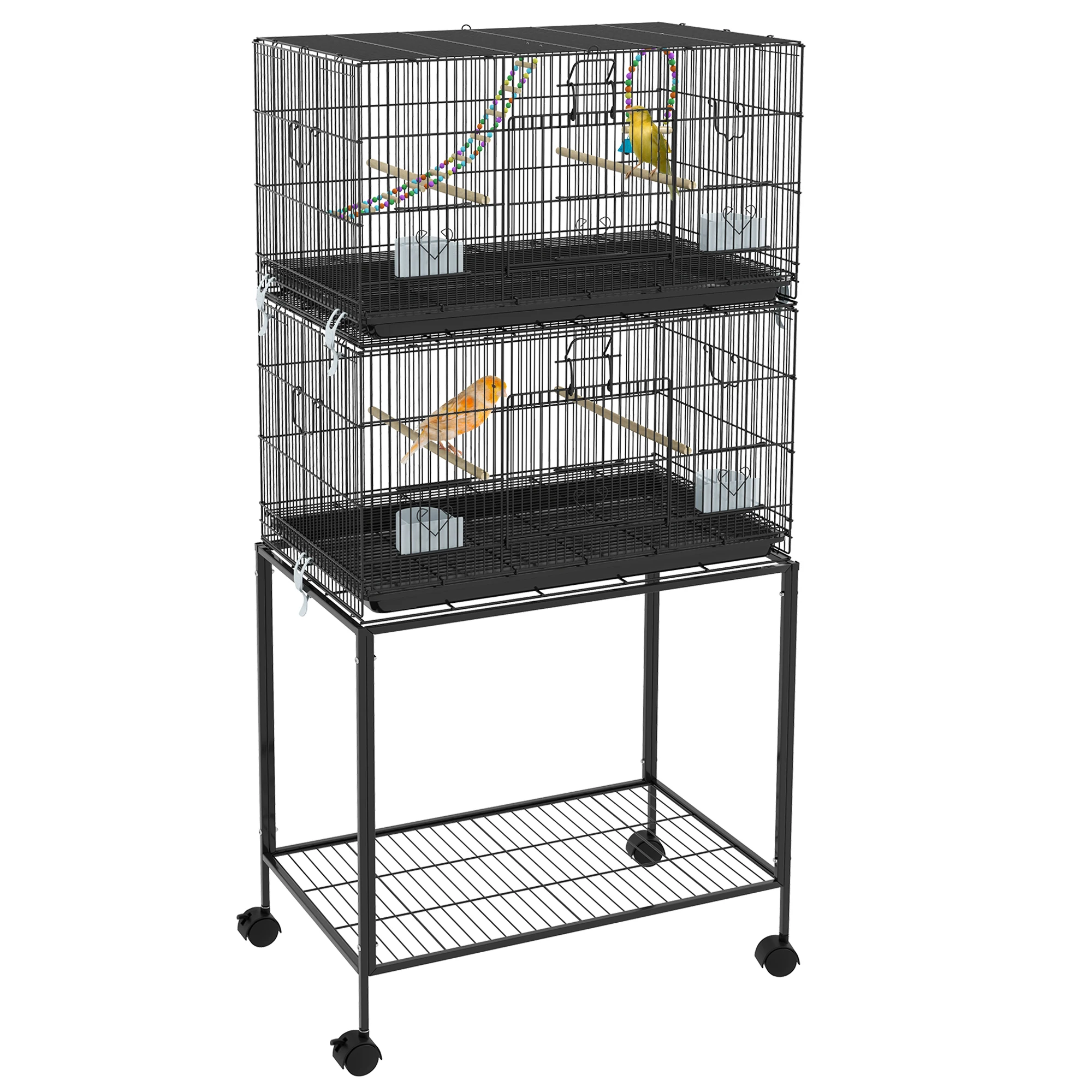 Double Stackable Bird Cage with Stand, Wooden Swing, Rope Ladder & Wheels for Canaries, Cage with Storage Shelf, Removable Tray
Double Stackable Bird Cage with Stand, Wooden Swing, Rope Ladder & Wheels for Canaries, Cage with Storage Shelf, Removable Tray