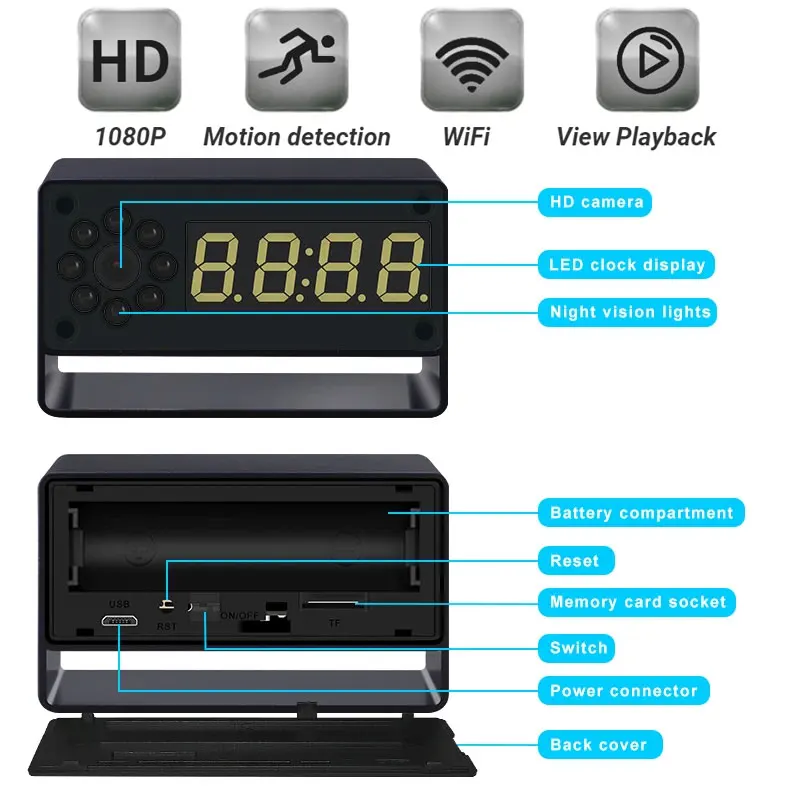 1080P часы ночного видения, камеры, циклическая запись, мониторинг домашней безопасности, поддержка Wi-Fi, 1080P Full HD камеры
1080P часы ночного видения, камеры, циклическая запись, мониторинг домашней безопасности, поддержка Wi-Fi, 1080P Full HD камеры