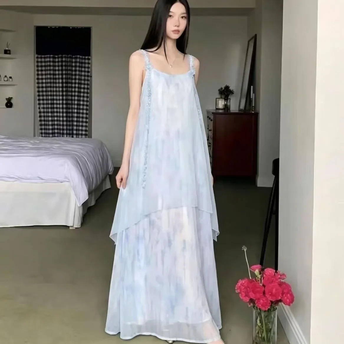 Light Blue Tie Dye Layered Spaghetti Strap Maxi Dress Flowy Sheer Chiffon Summer Women Dress A Line Loose Fit
Light Blue Tie Dye Layered Spaghetti Strap Maxi Dress Flowy Sheer Chiffon Summer Women Dress A Line Loose Fit