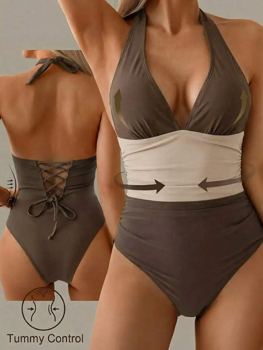 Women's Triangle Top High Waist Bottom Swimsuit Colorblock Halter Swimsuit With Ruched Waist Back Lace-Up Tummy Control Design
Women's Triangle Top High Waist Bottom Swimsuit Colorblock Halter Swimsuit With Ruched Waist Back Lace-Up Tummy Control Design