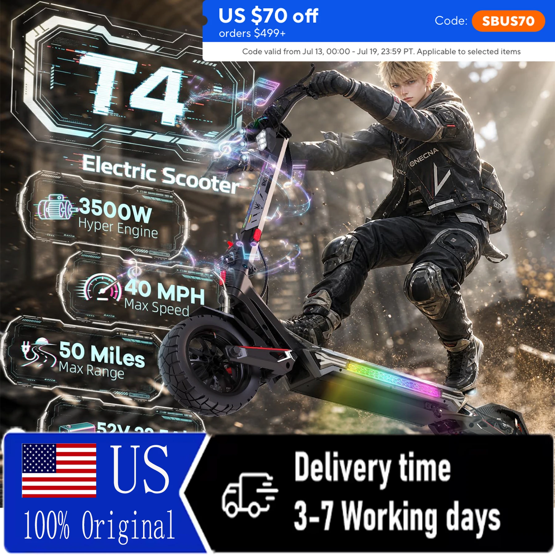 ONECNA T4 3500W Bluetooth speaker foldable electric scooter, peak 3500W single body super motor, long endurance. Top speed of 40 miles per hour, fully suspended chassis with off-road tires, and cool LED ambient lights. Commuting/commuting/off-road
ONECNA T4 3500W Bluetooth speaker foldable electric scooter, peak 3500W single body super motor, long endurance. Top speed of 40 miles per hour, fully suspended chassis with off-road tires, and cool LED ambient lights. Commuting/commuting/off-road