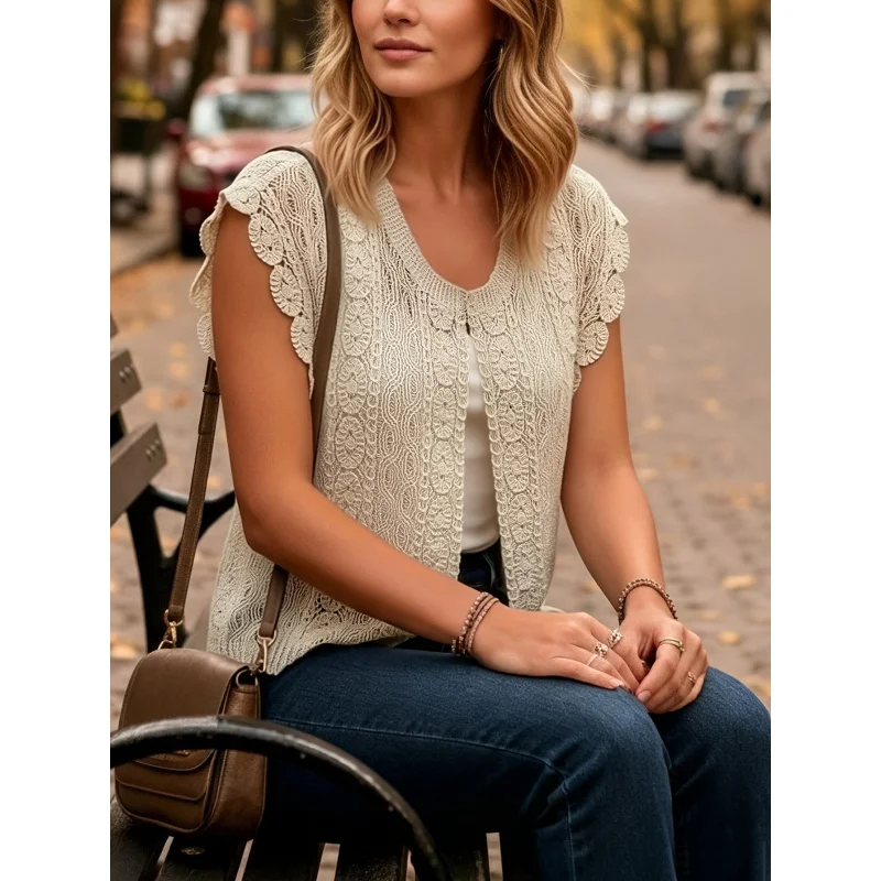 Women Scalloped Lace Crochet Vest Open Front Cap Short Sleeve Hollow Knit Vintage Layering Waistcoat
Women Scalloped Lace Crochet Vest Open Front Cap Short Sleeve Hollow Knit Vintage Layering Waistcoat